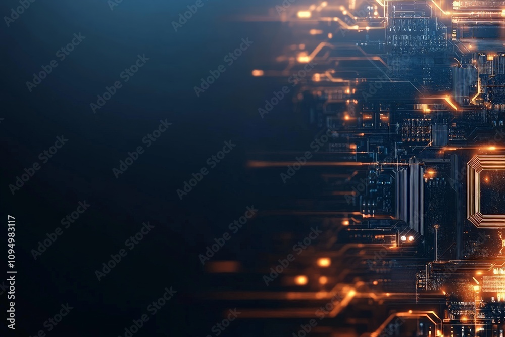 Poster an intricate digital circuit board design glows with dynamic orange lights, representing the foundat