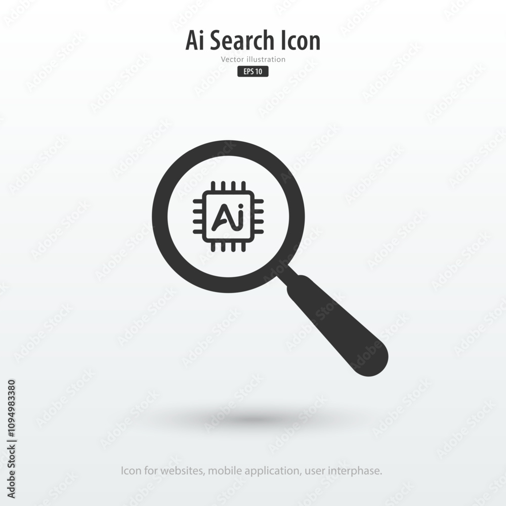 Poster AI-search icon. A magnifying glass with stars. Searching or finding and analysis by Machine learning. Artificial intelligence technology. Icon element for application and web. Vector illustration.