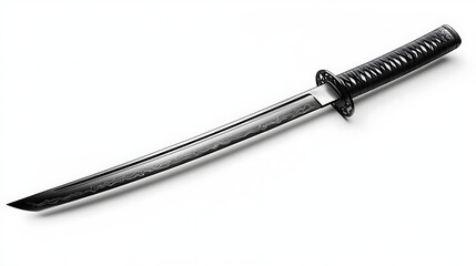 Decorative Japanese katana with curved blade and decorated hilt with white background