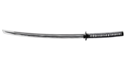 Decorative Japanese katana with curved blade and decorated hilt with white background