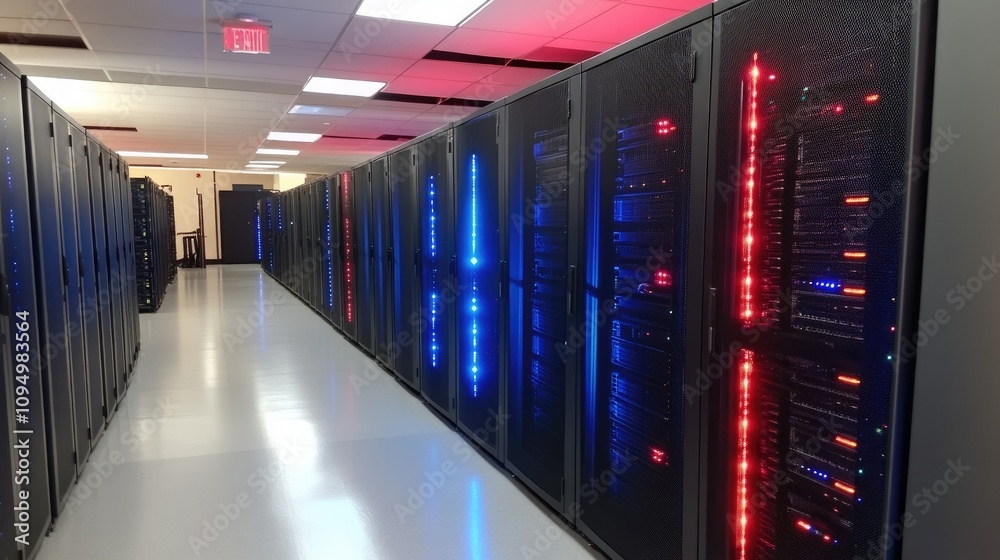 Poster modern data center with illuminated server racks highlighting advanced technology infrastructure and