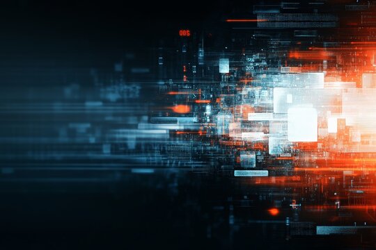 Abstract geometric patterns merge with vibrant light effects in a futuristic digital cityscape, showcasing a pulse of energy and technological advancement.