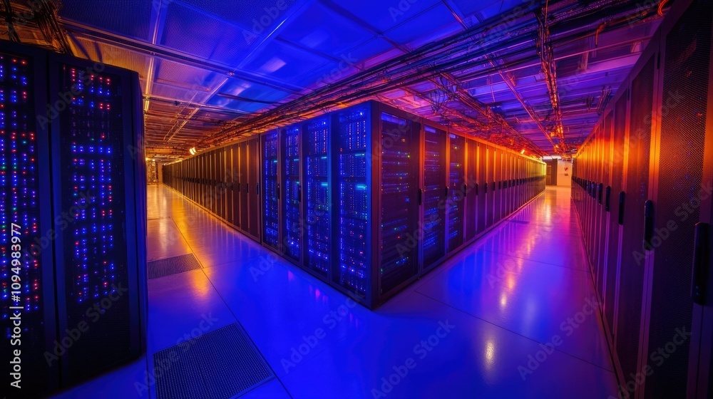 Poster modern data center with rows of servers illuminated by blue and orange lights, showcasing advanced t