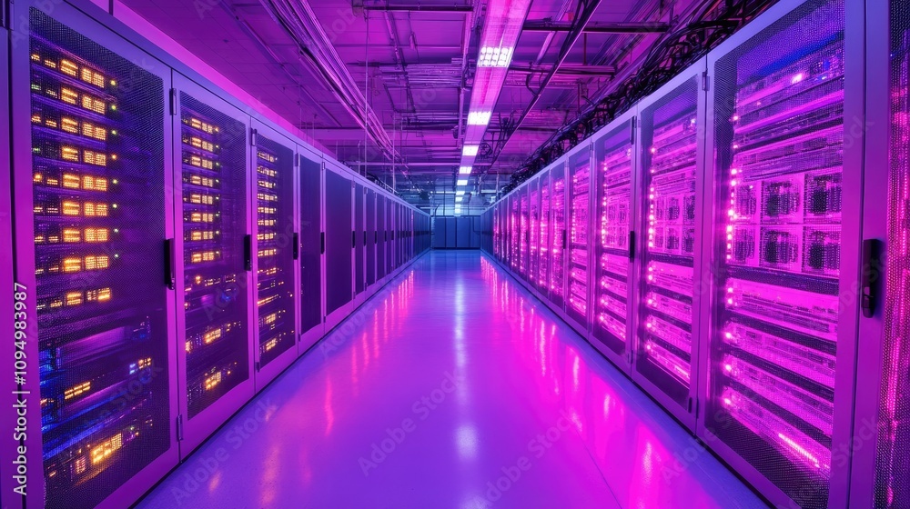Poster modern data center with rows of servers and colorful led lighting in a high-tech environment for dig