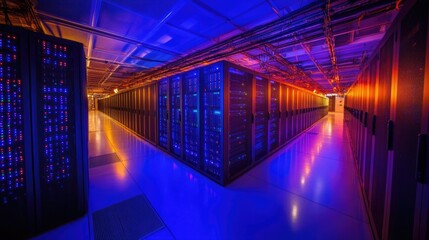Fototapeta premium Modern Data Center with Rows of Servers Illuminated by Blue and Orange Lights, Showcasing Advanced Technology and Infrastructure for Data Processing and Storage Solutions