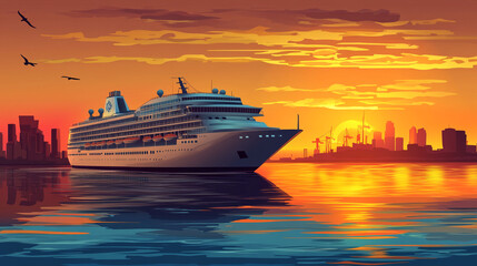 Fototapeta premium Stunning sunset over a large cruise ship in a bustling city harbor