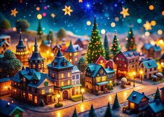 Fototapeta premium Enchanting Tilt-Shift Photography of a Cartoon Nighttime Cityscape with Colorful Lights and Whimsical Buildings, Perfect for Capturing the Magic of Urban Fantasy