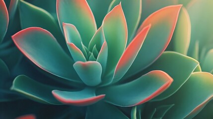 Fototapeta premium A close-up of a vibrant succulent plant, showcasing its lush green leaves with subtle red edges against a soft, blurred background.