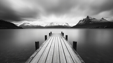 Obraz premium Czarno biała dekoracja ścienna, pomost na jeziorze z górami w tle, tapeta generative ai 