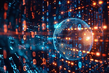 Fototapeta premium An illustration of&nbsp;developing view of the natural world in the digital age binary numerals on a dark blue backdrop with glass earth and space for backdrop use, Generative AI.
