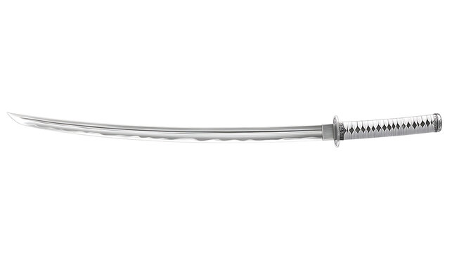 Decorative Japanese katana with curved blade and decorated hilt with white background - Powered by Adobe