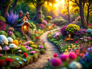 Fototapeta premium Enchanting Tilt-Shift Scene of a Whimsical Wonderland with Colorful Flowers, Playful Creatures, and a Dreamy Pathway Inviting Exploration and Imagination