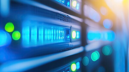 Close-Up View of Modern Server Rack with Blue LEDs Illuminating Data Center Equipment and Technology Infrastructure for Network Operations