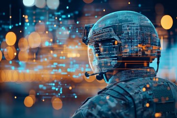 The image depicts a soldier wearing a high-tech digital helmet, surrounded by vibrant holographic data streams, symbolizing the intersection of technology and warfare.