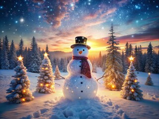 Obraz premium Enchanting Winter Wonderland: Double Exposure Snowman Photography Blending Nature's Beauty with Festive Cheer for a Captivating Holiday Aesthetic