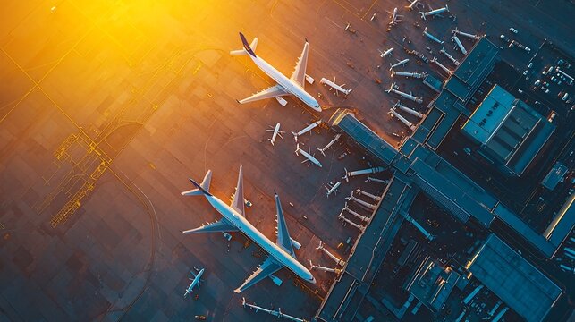 Aerial view of a contemporary international airport with multiple parked passenger and cargo planes on the tarmac and extensive runway systems visible  The airport terminal buildings control tower