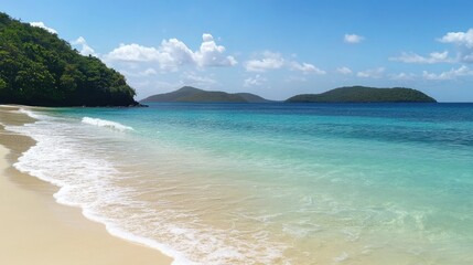 Obraz premium Serene Tropical Beach with Crystal Clear Water and Lush Green Hills Under a Bright Blue Sky, Perfect for Vacation and Relaxation