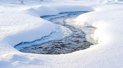 Obraz premium Aerial view of a serene frozen river winding its way through a picturesque snow covered landscape The tranquil scene showcases the beauty of nature during the cold winter season