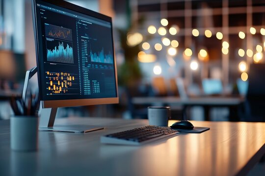 A contemporary office desk setup featuring a computer monitor displaying data analysis charts, symbolizing productivity, business, and modern workplace culture.