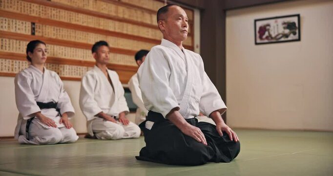 Aikido, martial arts and bow in studio, respect and karate with gratitude, appreciation and education. Japanese people, group and students with instructor, wellness or fitness with sensei or training