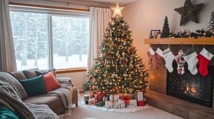 A cozy living room with a Christmas tree in the corner and a fireplace
