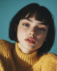 Portret w stylu vogue - piękna młoda brunetka w zółtym swetrze.