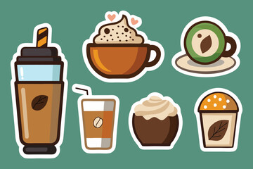 Charming Coffee and Beverage Sticker Collection Featuring Adorable Designs of Lattes, Frappes, and Sweet Treats for Creative Enthusiasts