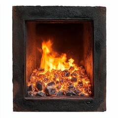 Burning coals, flames in dark metal fireplace.