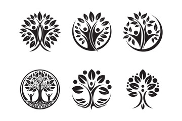 Stylized Human Figures Logo with Leaf Shapes and Unity Symbol in Black and White Silhouette