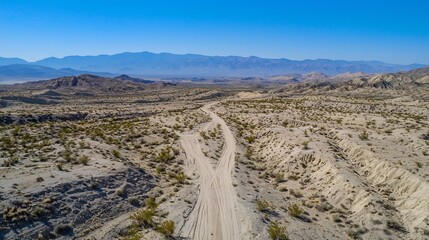 Breathtaking drone captured image of a serene desert landscape with undulating sand dunes and a clear cloudless blue sky  This expansive