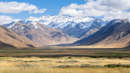 Breathtaking high angle view of a majestic mountain range with snow capped peaks and dramatic valleys creating a serene and landscape