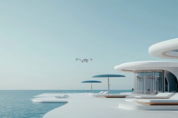 Fototapeta premium A luxurious seaside home features futuristic architecture with a drone in the sky, embodying opulence, modern design, and advanced technology in a serene setting.