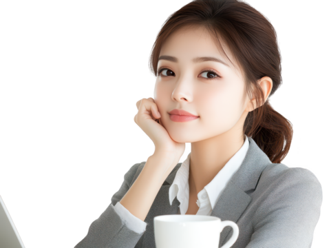 Woman focused on remote work, utilizing laptop for productivity at comfortable table setup