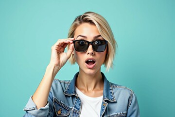 Fototapeta premium Shocked Blonde Woman in Sunglasses and Casual Denim Outfit on Bright Colored Background