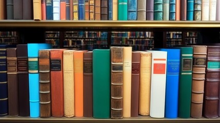 Fototapeta premium Leather-bound Antiquarian Books With Colorful Spines on a Wooden Shelf, Library Collection