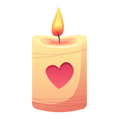 Wax candle with heart and burning candle on white background. Vector isolated icon