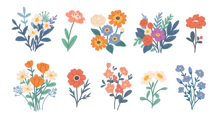 Set of flat floral bouquets on white background. Flat wildflowers in different colors. Vector botanical elements