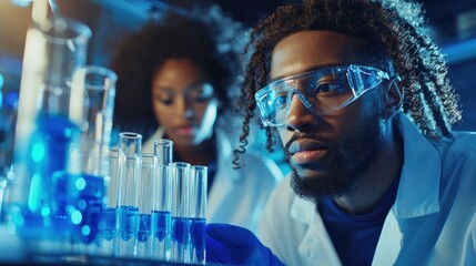 Focused scientists analyzing test tubes in laboratory environment scientific research innovative experimentation professional setting engaged perspective for enhanced knowledge discovery