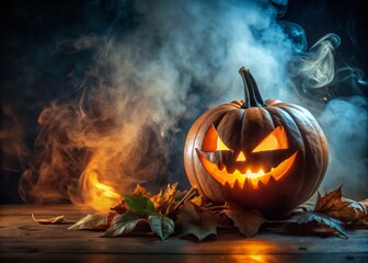 Naklejka premium Evil Glowing Jack-o'-Lantern with Sharp Fangs Illuminating a Dark Halloween Night, Perfect for Spooky Decor and Halloween Themes