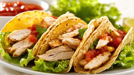 Delicious Chicken Tacos Served on a Plate with Fresh Ingredients, Colorful Salsa, and Vibrant Greens, Perfect for a Tasty Meal or a Party Gathering