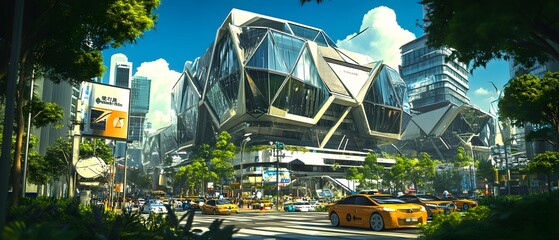 A futuristic urban scene featuring modern architecture and busy city life.