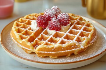 Fluffy Belgian Waffles Topped with Fresh Raspberries and a Dusting of Powdered Sugar