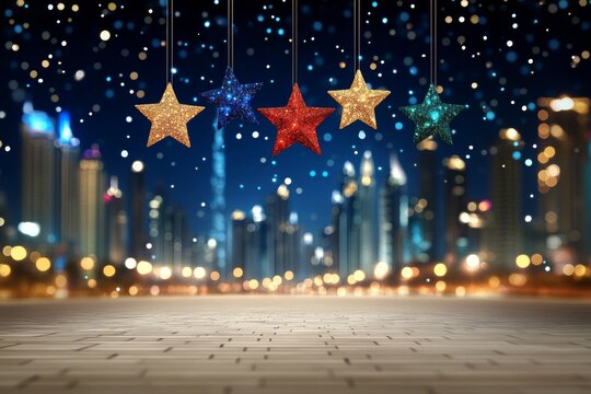  Cuatro estrellas decorativas colgando frente a un paisaje urbano iluminado, con luces y edificios al fondo.
