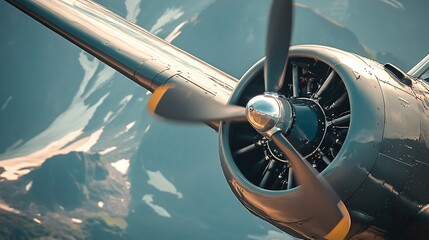 Close up of a propeller plane executing a precise knife edge flight maneuver against a dramatic mountain landscape backdrop showcasing the aircraft s power agility