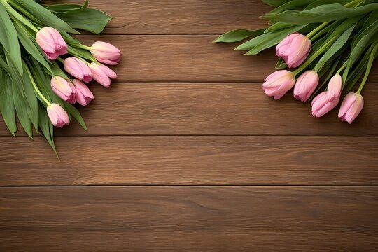  Ramos de tulipanes rosados distribuidos sim&eacute;tricamente sobre una mesa de madera, creando un dise&ntilde;o delicado.

