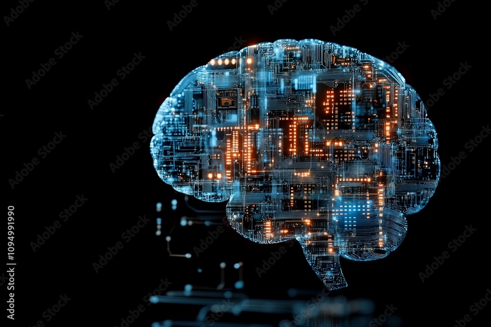 Poster a digital representation of a brain made from circuit board patterns, symbolizing artificial intelli