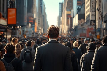 African American Commuter Walking Through Dense Rush Hour Crowd
