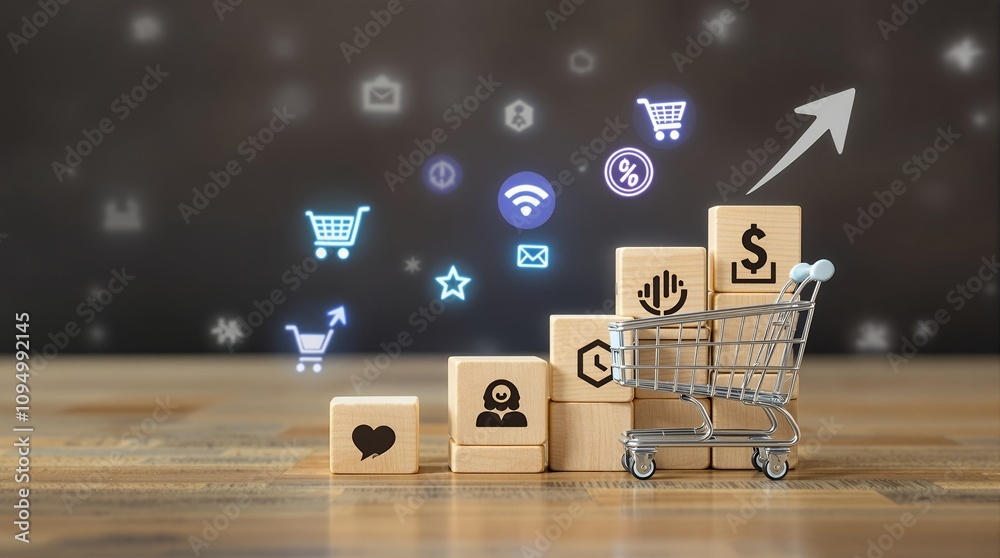Poster wooden cubes with shopping cart icons representing increasing sales trend for e-commerce strategies 