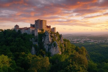 Obraz premium Majestic Castle on a Scenic Hilltop at Sunset