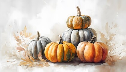Artistic Thanksgiving Still Life of Stacked Pumpkins in Various Colors and Textures